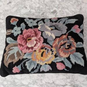 Vintage Black Needlepoint Floral Pillow: Embroidered Roses Cross Stitch Cushion